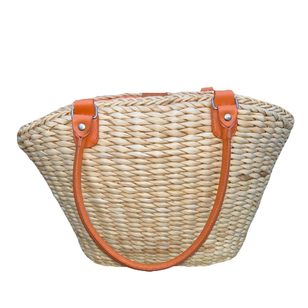 Borghese Woven Straw Tote Bag Orange Faux Leather Handles Summr Beach Basket Bag
